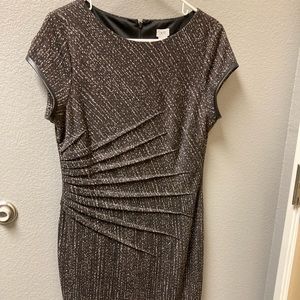 Animal Print Ruched Side Cap Sleeve Cache Dress with Faux Leather Trim Size 12